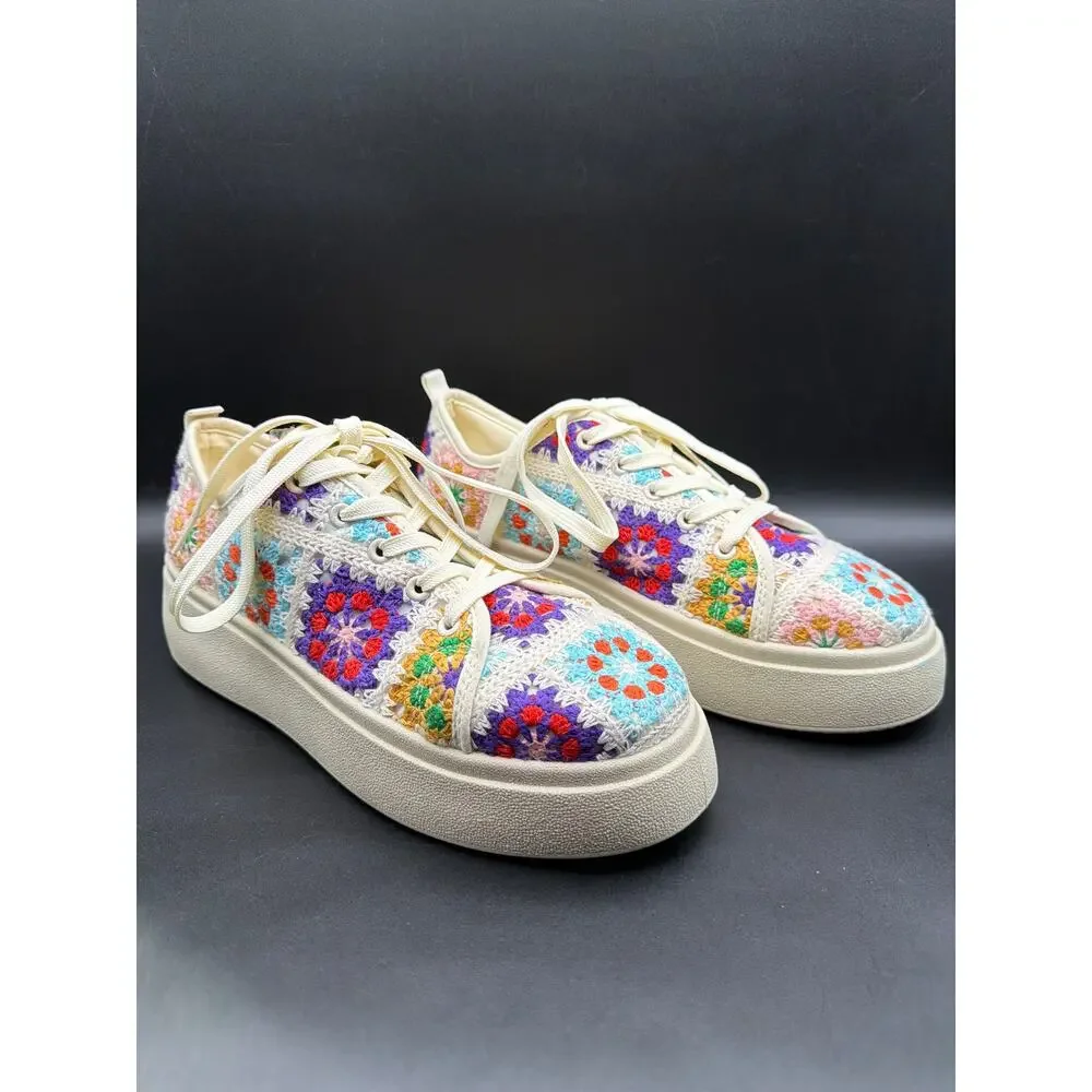 Dirty Laundry Crochet Granny Square Platform Sneakers Women’s US 9.5 LaceUp Boho